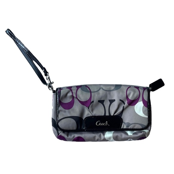 Coach Signature C Large Flap Sateen Wristlet Pouchette F47001 in Khaki & Purple - Picture 2 of 16